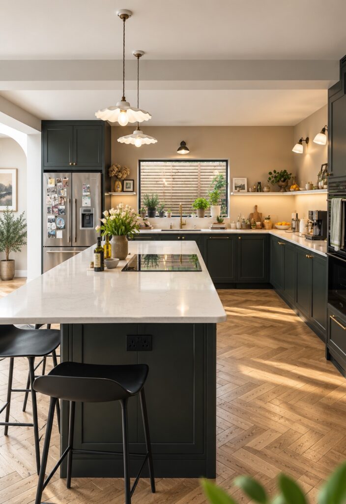 Completed dark painted kitchen with island in Kensal Rise NW6